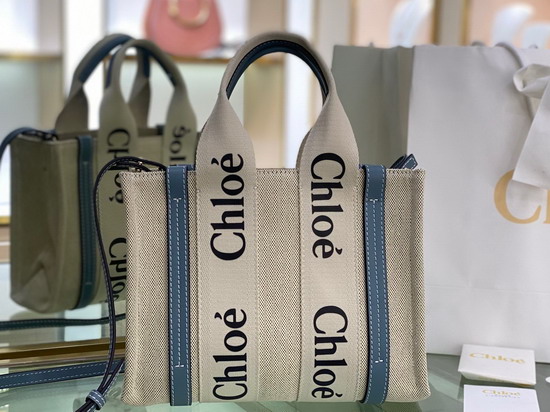Chloe Small Woody Tote Bag with Strap in Cotton Canvas and Shiny Calfskin with Woody Ribbon Light Blue Replica