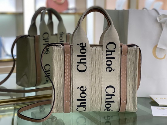 Chloe Small Woody Tote Bag with Strap in Cotton Canvas and Shiny Calfskin with Woody Ribbon Soft Tan Replica