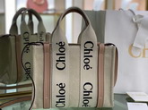 Chloe Small Woody Tote Bag with Strap in Cotton Canvas and Shiny Calfskin with Woody Ribbon Soft Tan Replica
