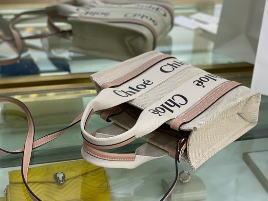 Chloe Small Woody Tote Bag with Strap in Cotton Canvas and Shiny Calfskin with Woody Ribbon Soft Tan Replica