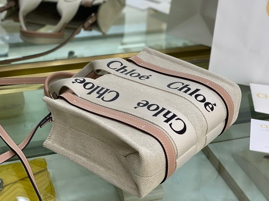 Chloe Small Woody Tote Bag with Strap in Cotton Canvas and Shiny Calfskin with Woody Ribbon Soft Tan Replica