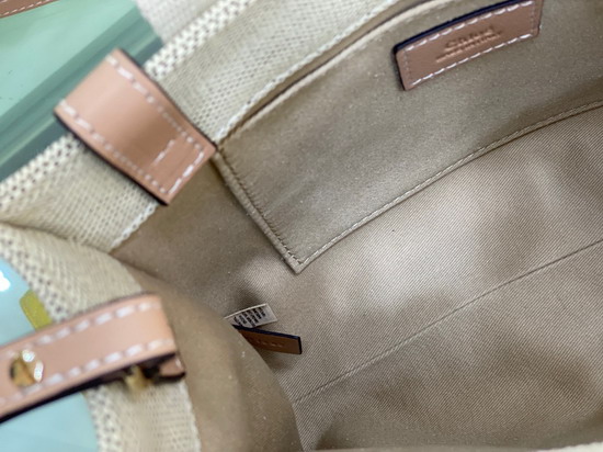 Chloe Small Woody Tote Bag with Strap in Cotton Canvas and Shiny Calfskin with Woody Ribbon Soft Tan Replica