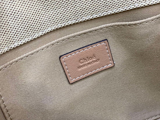 Chloe Small Woody Tote Bag with Strap in Cotton Canvas and Shiny Calfskin with Woody Ribbon Soft Tan Replica