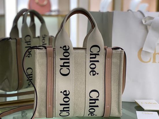 Chloe Small Woody Tote Bag with Strap in Cotton Canvas and Shiny Calfskin with Woody Ribbon Soft Tan Replica
