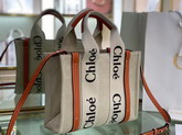 Chloe Small Woody Tote Bag with Strap in Cotton Canvas and Shiny Calfskin with Woody Ribbon Terracotta Orange Replica