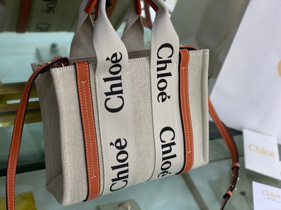 Chloe Small Woody Tote Bag with Strap in Cotton Canvas and Shiny Calfskin with Woody Ribbon Terracotta Orange Replica