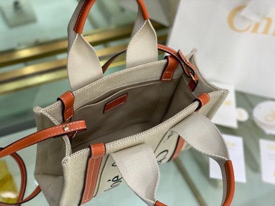 Chloe Small Woody Tote Bag with Strap in Cotton Canvas and Shiny Calfskin with Woody Ribbon Terracotta Orange Replica