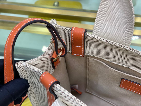 Chloe Small Woody Tote Bag with Strap in Cotton Canvas and Shiny Calfskin with Woody Ribbon Terracotta Orange Replica