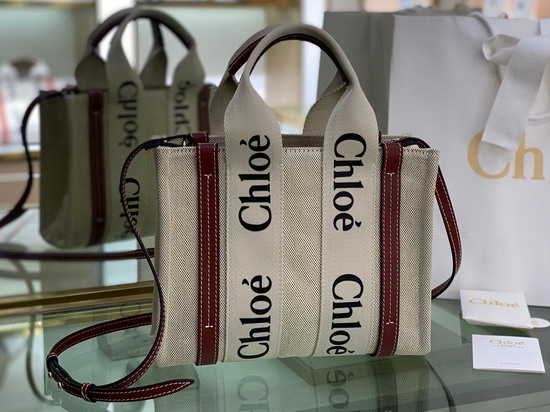 Chloe Small Woody Tote Bag with Strap in Cotton Canvas and Shiny Calfskin with Woody Ribbon White and Brown Replica