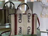 Chloe Small Woody Tote Bag with Strap in Cotton Canvas and Shiny Calfskin with Woody Ribbon White and Brown Replica