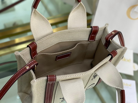 Chloe Small Woody Tote Bag with Strap in Cotton Canvas and Shiny Calfskin with Woody Ribbon White and Brown Replica