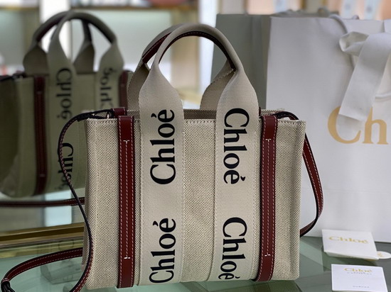 Chloe Small Woody Tote Bag with Strap in Cotton Canvas and Shiny Calfskin with Woody Ribbon White and Brown Replica