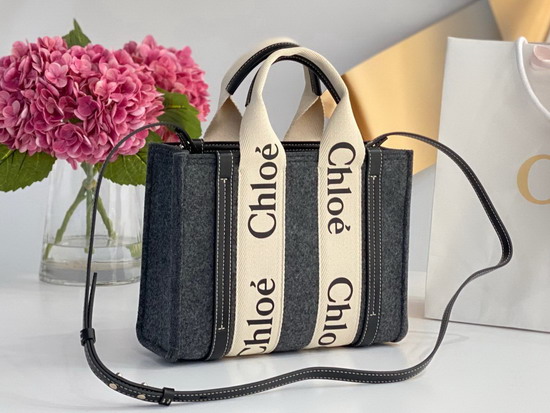 Chloe Small Woody Tote Bag with Strap in Recycled Felt and Shiny Calfskin with Woody Ribbon Cashmere Grey Replica