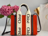 Chloe Small Woody Tote Bag with Strap in Recycled Felt and Shiny Calfskin with Woody Ribbon Flame Orange Replica