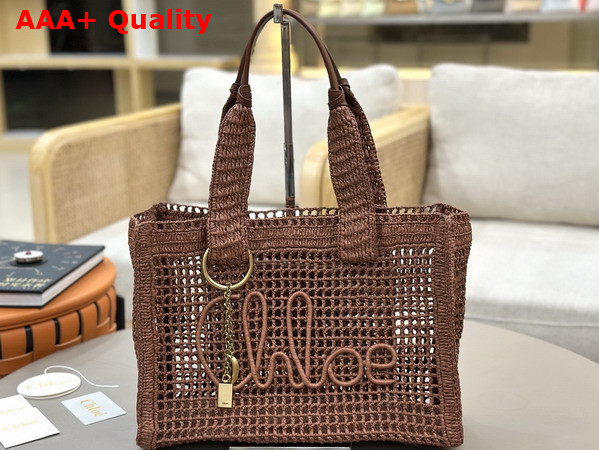 Chloe Summer Banana East West Tote Bag in Clay Brown Raffia Replica