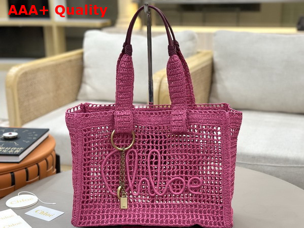 Chloe Summer Banana East West Tote Bag in Fuchsia Rose Raffia Replica