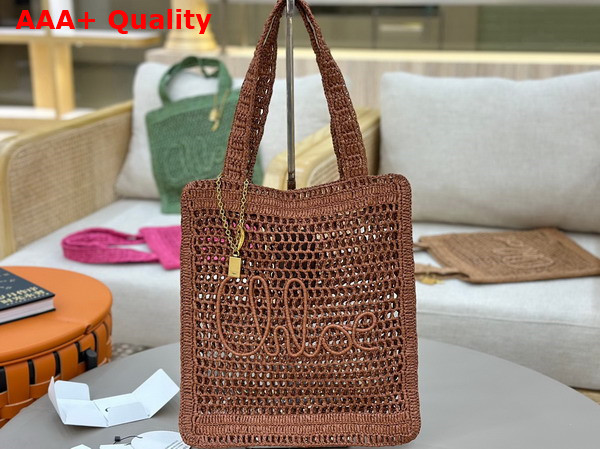 Chloe Summer Banana Tote Bag in Clay Brown Raffia Replica