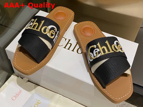 Chloe Woody Flat Mule in Black Canvas Replica
