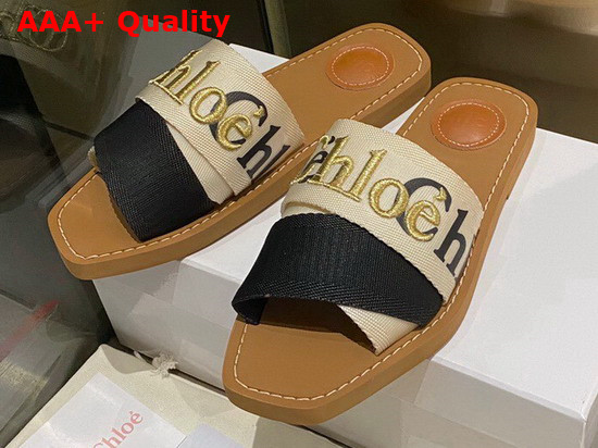 Chloe Woody Flat Mule in Canvas Beige and Black Replica