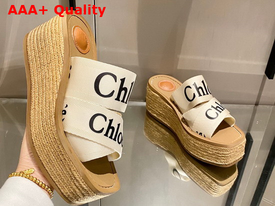 Chloe Woody Wedge Mule in Beige Canvas Replica