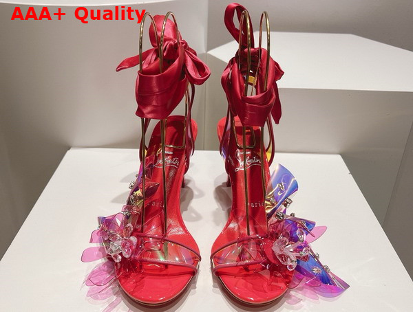 Christian Louboutin Flora Sandal in Iridescent PVC and Satin Red Replica