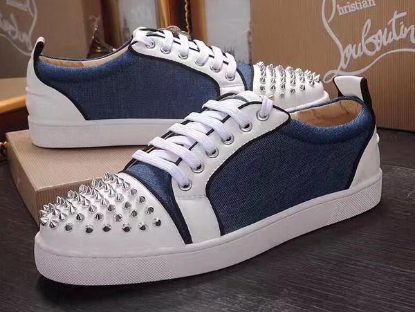 Christian Louboutin Louis Junior Spikes Mens Flat Blue Denim Fabric For Sale