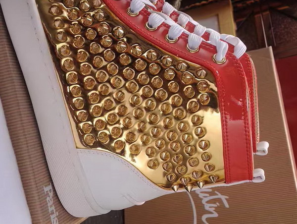Christian Louboutin Louis Spikes Orlato Mens Flat Red Black and Metallic Gold Calfskin Leather For Sale