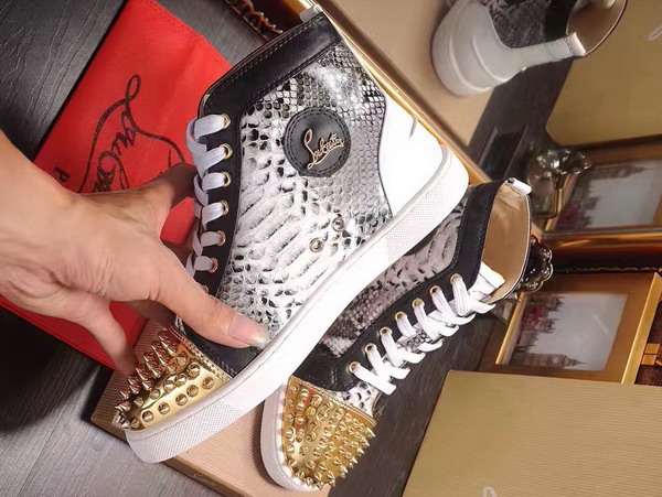 Christian Louboutin Louis Spikes Orlato Mens Flat in Python with Metallic Gold and Black Leather Trim For Sale