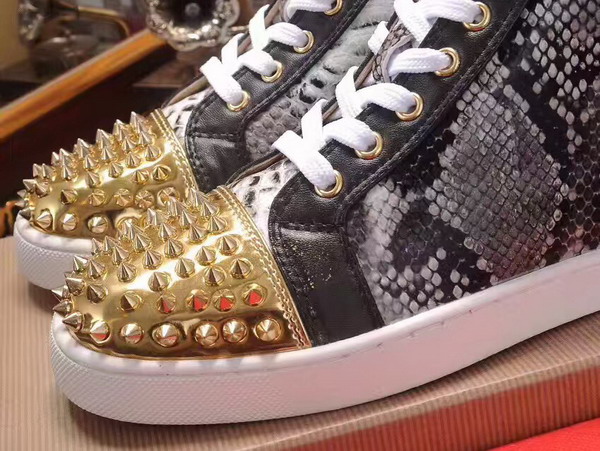 Christian Louboutin Louis Spikes Orlato Mens Flat in Python with Metallic Gold and Black Leather Trim For Sale