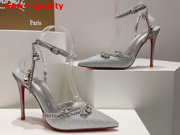 Christian Louboutin Marykate Queen 100mm Pump Glittered Calf Leather and PVC Silver Replica