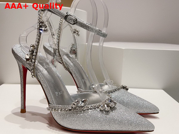 Christian Louboutin Marykate Queen 100mm Pump Glittered Calf Leather and PVC Silver Replica