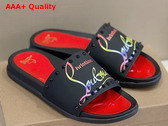 Christian Louboutin Mens Rubber Slide in Black with Multicolor Print Replica