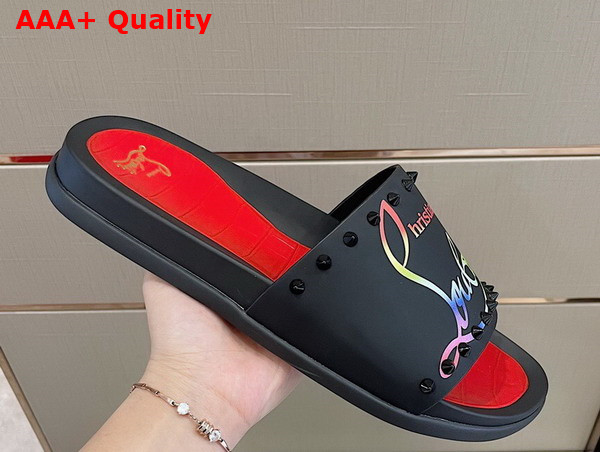 Christian Louboutin Mens Rubber Slide in Black with Multicolor Print Replica