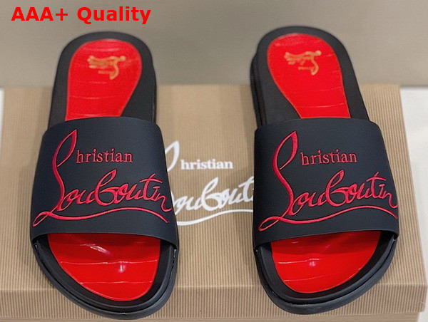 Christian Louboutin Mens Rubber Slide in Black with Red Print Replica