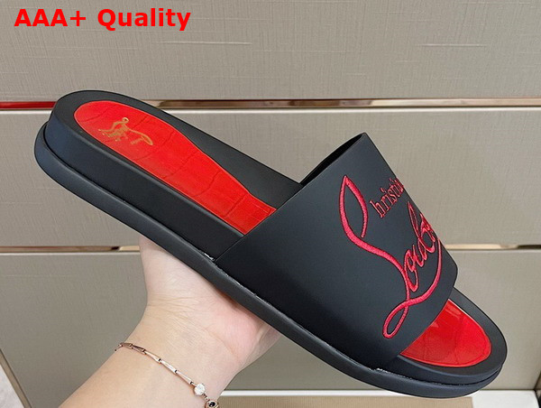 Christian Louboutin Mens Rubber Slide in Black with Red Print Replica