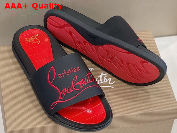 Christian Louboutin Mens Rubber Slide in Black with Red Print Replica