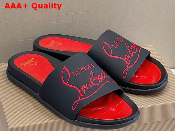 Christian Louboutin Mens Rubber Slide in Black with Red Print Replica