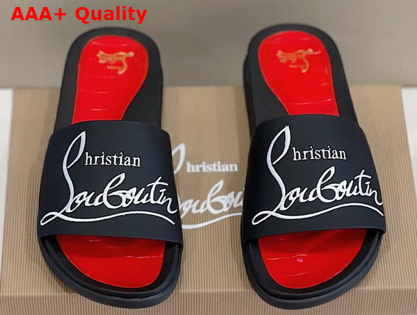 Christian Louboutin Mens Rubber Slide in Black with White Print Replica
