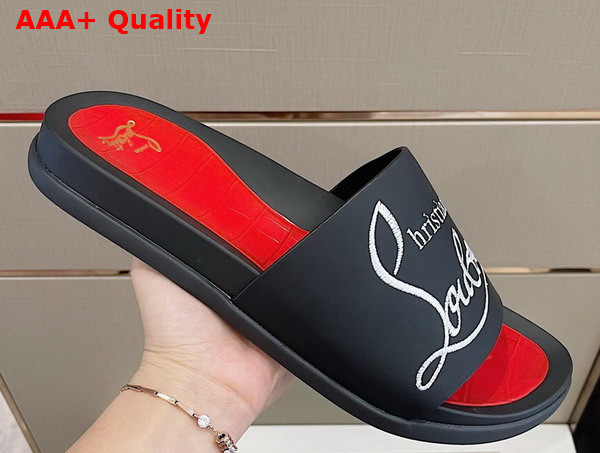 Christian Louboutin Mens Rubber Slide in Black with White Print Replica