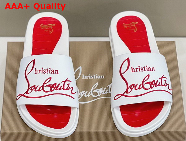 Christian Louboutin Mens Rubber Slide in White with Red Print Replica