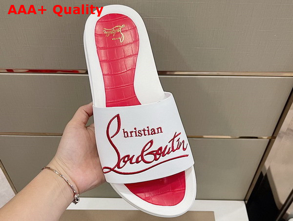 Christian Louboutin Mens Rubber Slide in White with Red Print Replica