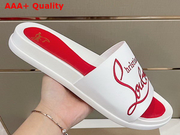 Christian Louboutin Mens Rubber Slide in White with Red Print Replica