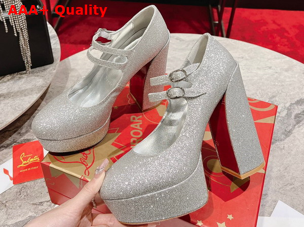Christian Louboutin Platform Pump in Silver Glittered Calf Leather Replica
