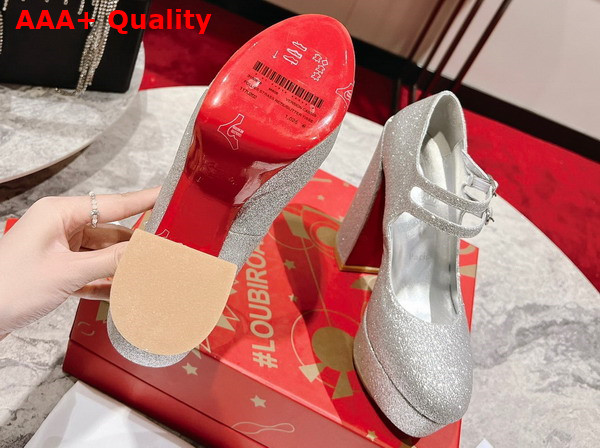 Christian Louboutin Platform Pump in Silver Glittered Calf Leather Replica
