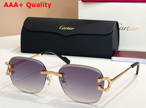 Cartier Sunglasses Classic C De Cartier Motif Smooth Golden Finish Metal with Diamonds Green Lenses Replica