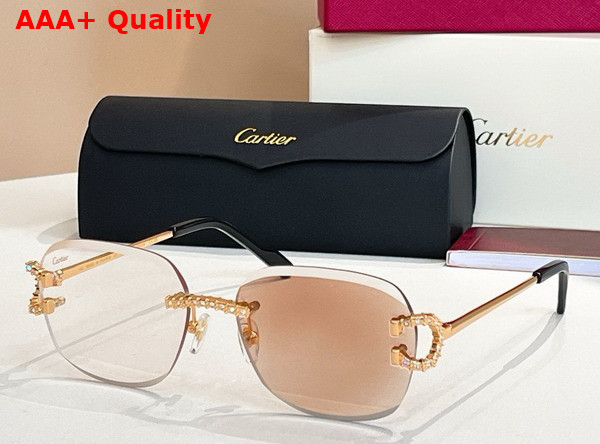 Cartier Sunglasses Classic C De Cartier Motif Smooth Golden Finish Metal with Diamonds Green Lenses Replica