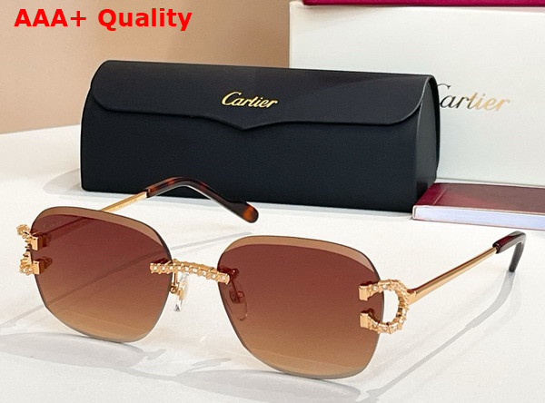 Cartier Sunglasses Classic C De Cartier Motif Smooth Golden Finish Metal with Diamonds Green Lenses Replica