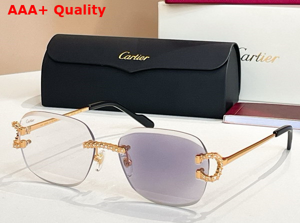 Cartier Sunglasses Classic C De Cartier Motif Smooth Golden Finish Metal with Diamonds Green Lenses Replica