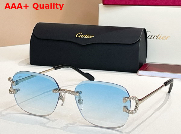 Cartier Sunglasses Classic C De Cartier Motif Smooth Golden Finish Metal with Diamonds Green Lenses Replica