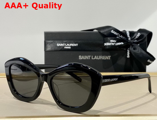 Saint Laurent Pillowed Pentagon Cat Eye Sunglasses with Acetate Frames Nylon Lenses and Saint Laurent Engraved Temples Black Replica
